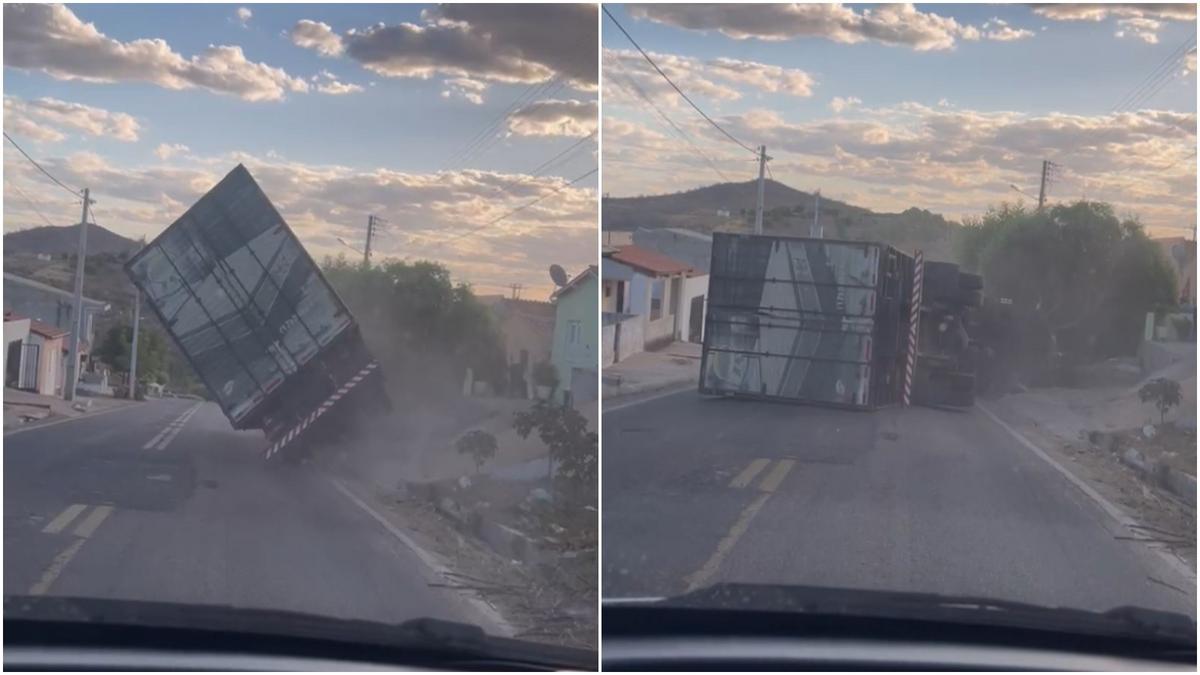 Caminhão perde o freio e tomba em ladeira no interior do Ceará; veja o vídeo 1 caminhao tomba ico 2