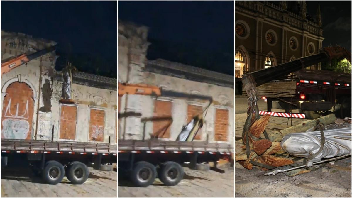 Acidente durante reforma: Estátua da Sagrada Família cai de guincho em Fortaleza 1 queda imagem sagrada familia 1